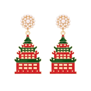 Colorful pagoda tower drop earrings with imitation pearls and vibrant enamel finish