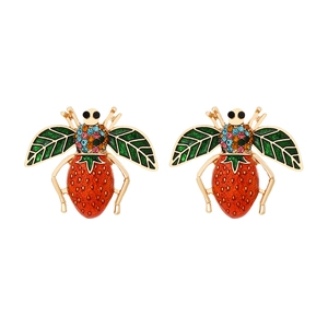 Colorful bee earrings with red strawberry patterns and vibrant crystal accents