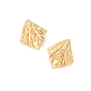 Modern gold geometric square earrings with unique crinkle lava texture in a 45-degree view
