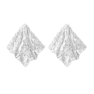Silver geometric textured earrings with irregular crumpled foil design for women