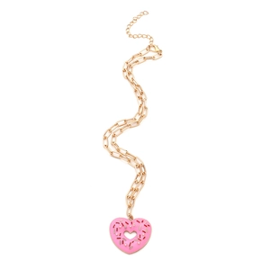 Golden necklace featuring a pink heart-shaped donut pendant with colorful sprinkles