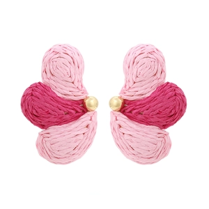 Bohemian pink raffia woven fan-shaped earrings with gold metal accents for women