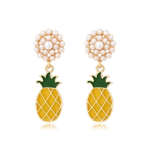 Pineapple Dangle Earrings With Artificial Pearl Cluster Tropical Fruit Enamel Summer Vacation Jewelry For Women
