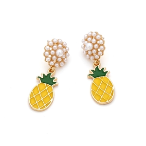 Tropical yellow pineapple drop earrings with pearl flower stud on white background
