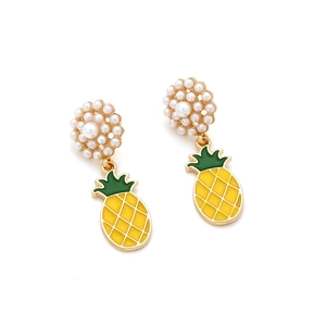 Colorful pineapple drop earrings with vibrant enamel finish and white pearl stud clusters
