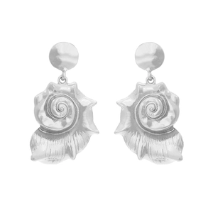 Minimalist silver conch shell drop earrings with realistic spiral texture and metal finish