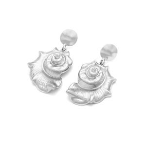 Chic silver alloy long conch pendant earrings with textured seashell drop design for women