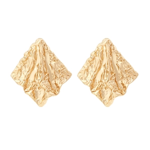 Minimalist geometric rhombic gold earrings with artistic crumpled metal foil texture