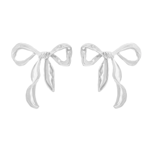 Minimalist silver bow knot stud earrings with sleek metallic texture and 3D ribbon design
