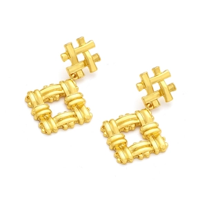 Vintage geometric woven pattern gold alloy drop earrings on white background