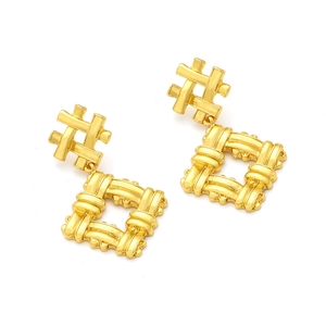 Vintage geometric woven earrings with hollow square pendant in gold finish for women