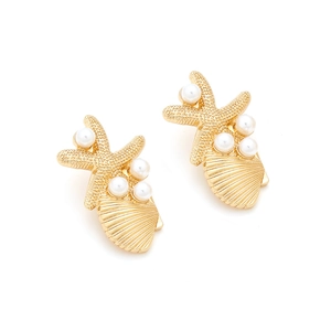 Boucles d'oreilles étoile de mer et coquillage doré avec perles pour la plage