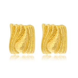 Golden Alloy Hammered Geometric Stud Earrings For Women Retro Irregular Wrinkled Texture Large Exaggerated Jewelry
