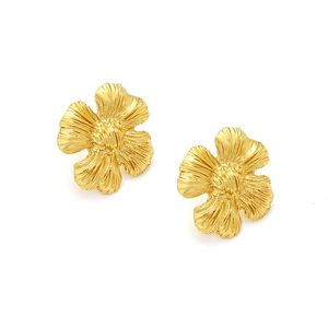 Vintage golden four-petal flower stud earrings with detailed radial ribbed texture on white