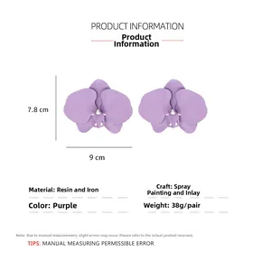 Size chart showing large purple orchid flower earrings dimensions of 7.8cm by 9cm