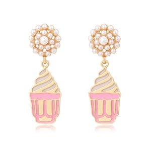 Cupcake Drop Earrings Alloy Enamel Faux Artificial Pearl Flower Sweet Pink Jewelry For Women