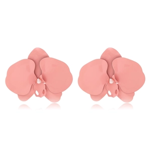 Orchid Flower Statement Earrings Painted Matte Alloy With Imitation Artificial Pearl Center Fashion Jewelry For Women