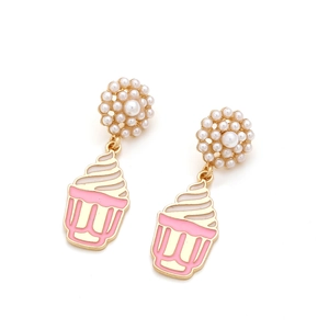 Sweet cupcake earrings with pink enamel and white pearls on gold-tone alloy base