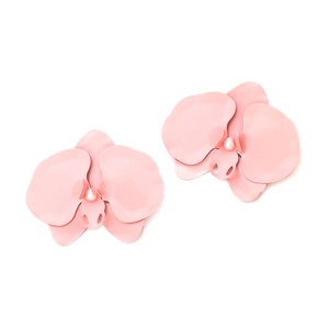 Macro detail of pink matte orchid flower earrings with white faux pearl center stud
