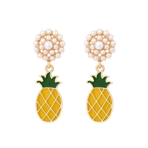 Tropical pineapple drop earrings with white pearls and yellow enamel in gold finish