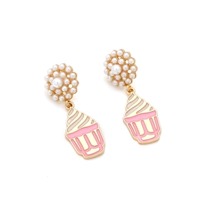 Charming cupcake earrings with white faux pearls and colorful enamel drip detailing