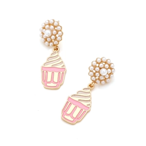 Chic vacation style ice cream stud earrings with white pearls and pink enamel cupcakes