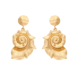 Chic long gold conch shell drop earrings with metallic spiral texture and ocean charm