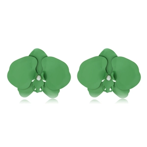 Green orchid flower stud earrings with matte lacquer finish and faux pearl center