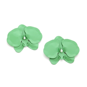 Macro detail of mint green orchid floral earrings with matte finish and white pearl center