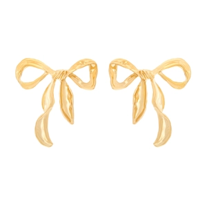 Minimalist gold bow earrings with polished metallic ribbon design on white background