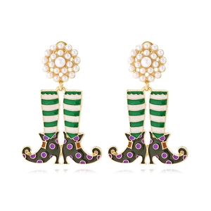Boucles D'oreilles Pendantes Bottes De Sorcière Alliage Émail Halloween Rayures Pois Fausse Künstliche Perle Bijoux Pour Femmes