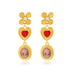Vintage French Palace Dangle Earrings Alloy Red Heart Gemstone Pink Lady Cameo Relief Retro Jewelry For Women
