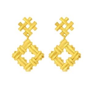 Vintage gold geometric drop earrings with woven square top and textured rhombus pendant