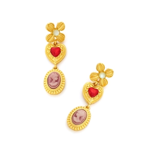 Vintage palace style gold heart earrings with cameo portraits and red gemstones