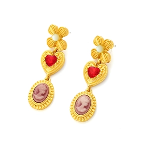 Vintage palace style gold heart earrings with red gemstones and pink cameo detail