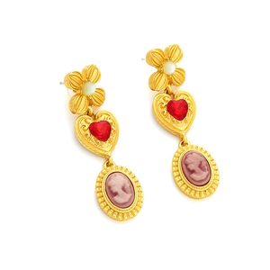 Vintage gold court style heart drop earrings with pink cameo and red floral accents