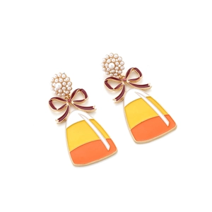 Candy corn earrings with enamel gradient, wine red bow, and pearl stud accents