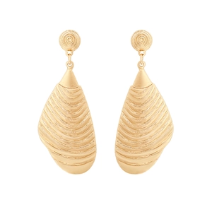 Vintage gold-toned metal earrings with retro textured shell design and wavy relief patterns