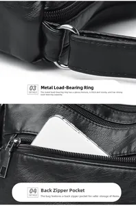 Detail of silver metal rings and hidden anti-theft back zipper pocket on leather handbag