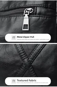Detail of silver hardware zipper and textured black PU leather with dual stitching
