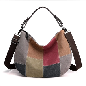 Women Patchwork Canvas Hobo Bag Large Capacity Color Block Vintage Shoulder Bag With Adjustable Strap