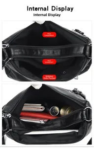 Macro view of interior compartments and zipper pockets in black soft leather crossbody bag
