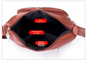 Détails de l'intérieur du sac en cuir PU marron avec poches multiples et grande capacité
