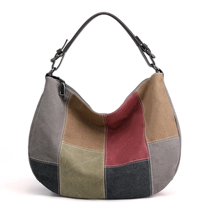 Retro multi-color patchwork canvas hobo bag with adjustable leather strap and zipper closure
