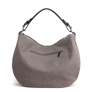 Large dark grey canvas hobo bag with brown leather details and crossbody shoulder strap