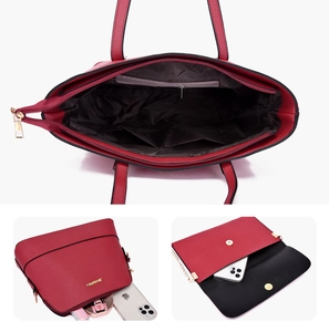 Detail view of large red tote interior and small crossbody bag with gold chain strap