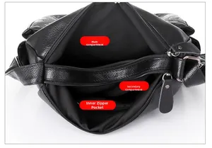 Detail view of the black leather bag interior showing multiple functional compartments
