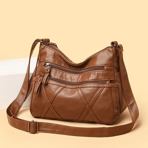 Women's PU Leather Multi-Zipper Shoulder Bag Casual Crossbody Purse With X-Stitch Fashion Lightweight Handbag For Daily Work