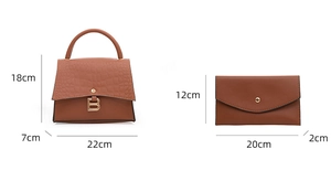 Detailed view of crocodile pattern handbag and clutch bag set with dimensions