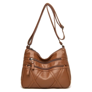 Brown soft PU leather crossbody bag for women with multi-pocket quilted stitching design